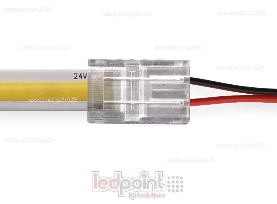 Connecteur pour rubans LED et COB de PCB 10mm, 2 broches et cableo, version réduite transparente Connecteur pour rubans LED et COB de PCB 10mm, 2 broches et cableo, version réduite transparente