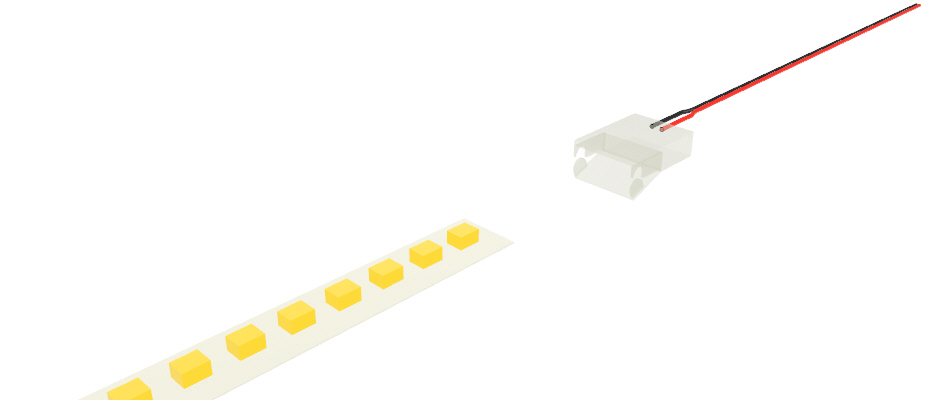 Connecteur transparent à 2 broches avec câble de 10cm, pour rubans LED à PCB de 10mm, version réduite Connecteur transparent à 2 broches avec câble de 10cm, pour rubans LED à PCB de 10mm, version réduite