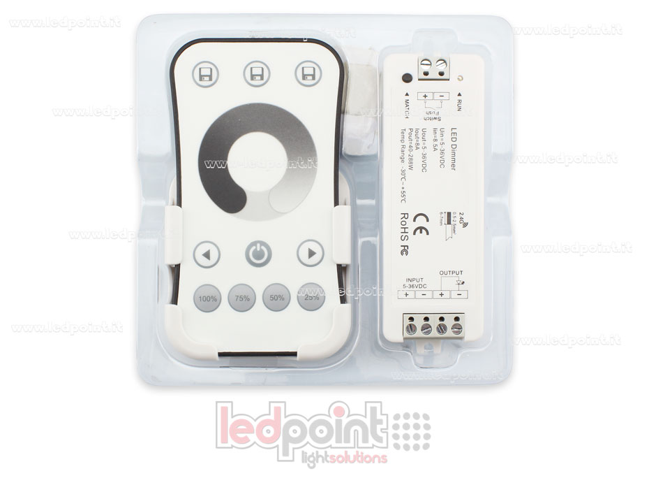 Kit télécommande + contrôleur monocouleur avec bouton 5/36V, 1ch*8A, RF 2.4G Kit télécommande + contrôleur monocouleur avec bouton 5/36V, 1ch*8A, RF 2.4G