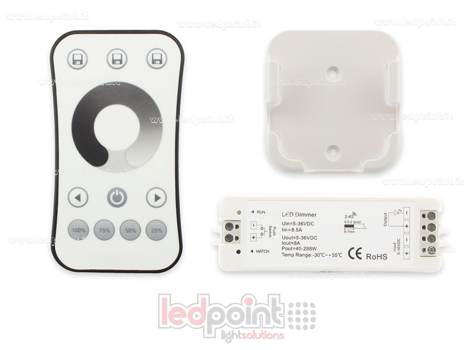 Kit télécommande + contrôleur monocouleur avec bouton 5/36V, 1ch*8A, RF 2.4G Kit télécommande + contrôleur monocouleur avec bouton 5/36V, 1ch*8A, RF 2.4G