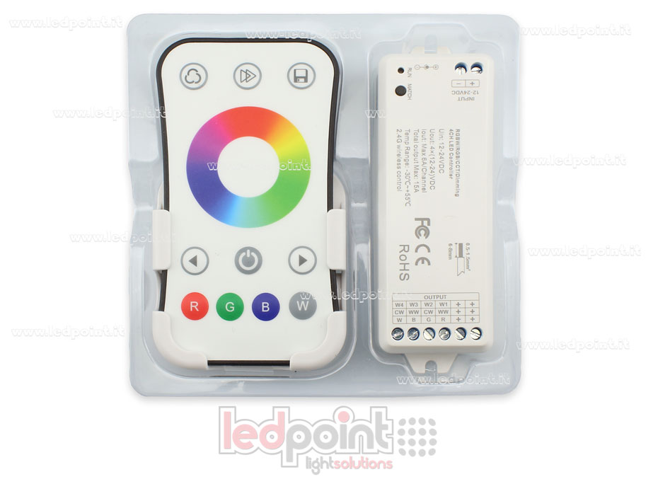 Kit télécommande + contrôleur RGBW 12/24V, 4ch*6A, Max 15A, RF 2.4G Kit télécommande + contrôleur RGBW 12/24V, 4ch*6A, Max 15A, RF 2.4G