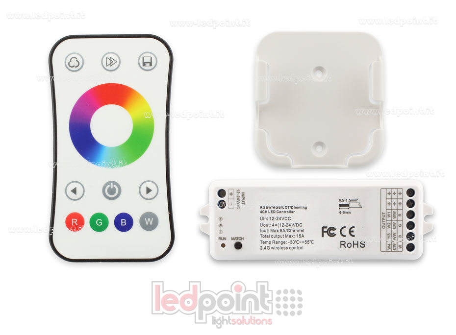 Kit télécommande + contrôleur RGBW 12/24V, 4ch*6A, Max 15A, RF 2.4G Kit télécommande + contrôleur RGBW 12/24V, 4ch*6A, Max 15A, RF 2.4G