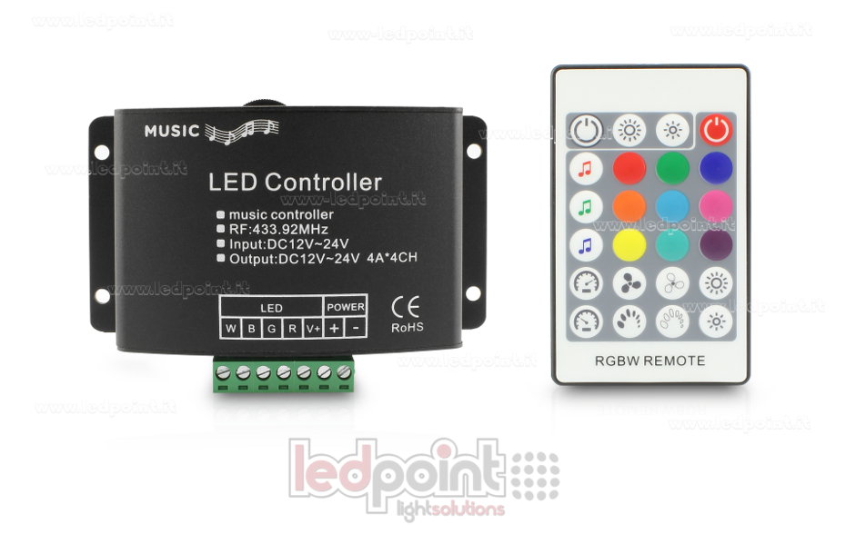 Controller RGBW audio, RF 433 MHz, 12/24 V, 4ch*4A CT-RGBWA-162-RF4335