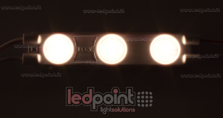 Module 3 led 2835, 1,2W 12V, blanc chaud 3000K, IP65 avec lentille 165° Module 3 led 2835, 1,2W 12V, blanc chaud 3000K, IP65 avec lentille 165°