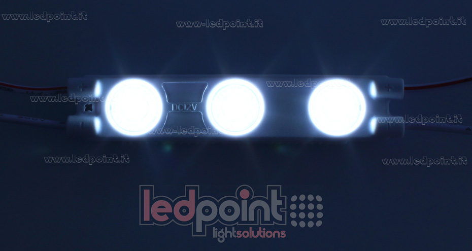 Module 3 led 2835, 1,2W 12V, blanc froid 6000-7000K, IP65 avec lentille 165° Module 3 led 2835, 1,2W 12V, blanc froid 6000-7000K, IP65 avec lentille 165°