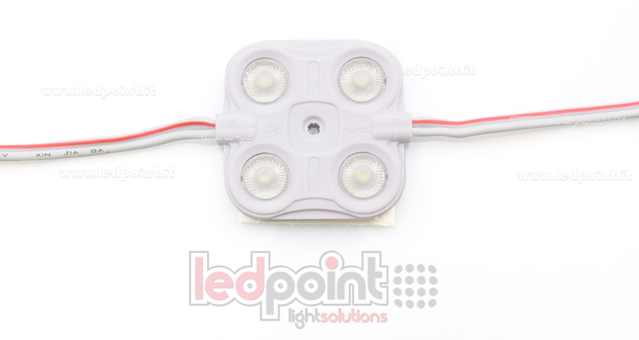 Module 4 led 2835, 1,5W 12V, blanc froid 6000-7000K, IP65 avec lentille 165° Module 4 led 2835, 1,5W 12V, blanc froid 6000-7000K, IP65 avec lentille 165°