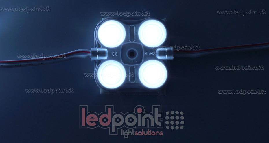 Module 4 led 2835, 1,5W 12V, blanc froid 6000-7000K, IP65 avec lentille 165° Module 4 led 2835, 1,5W 12V, blanc froid 6000-7000K, IP65 avec lentille 165°