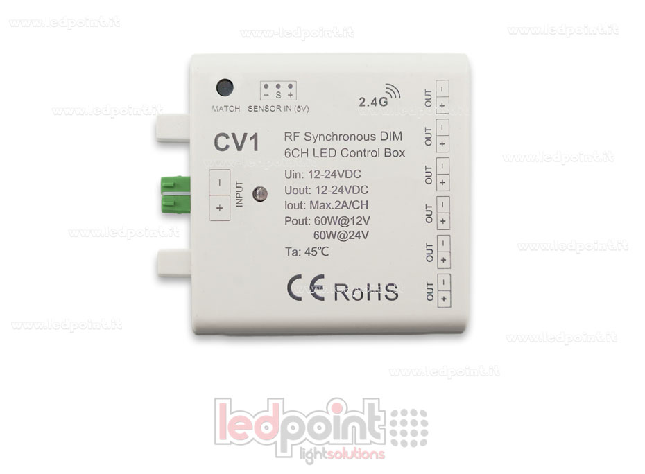 Interface variateur 6ch 60W 12V-24V, RF 2.4GHz avec entrée pour capteur Interface variateur 6ch 60W 12V-24V, RF 2.4GHz avec entrée pour capteur