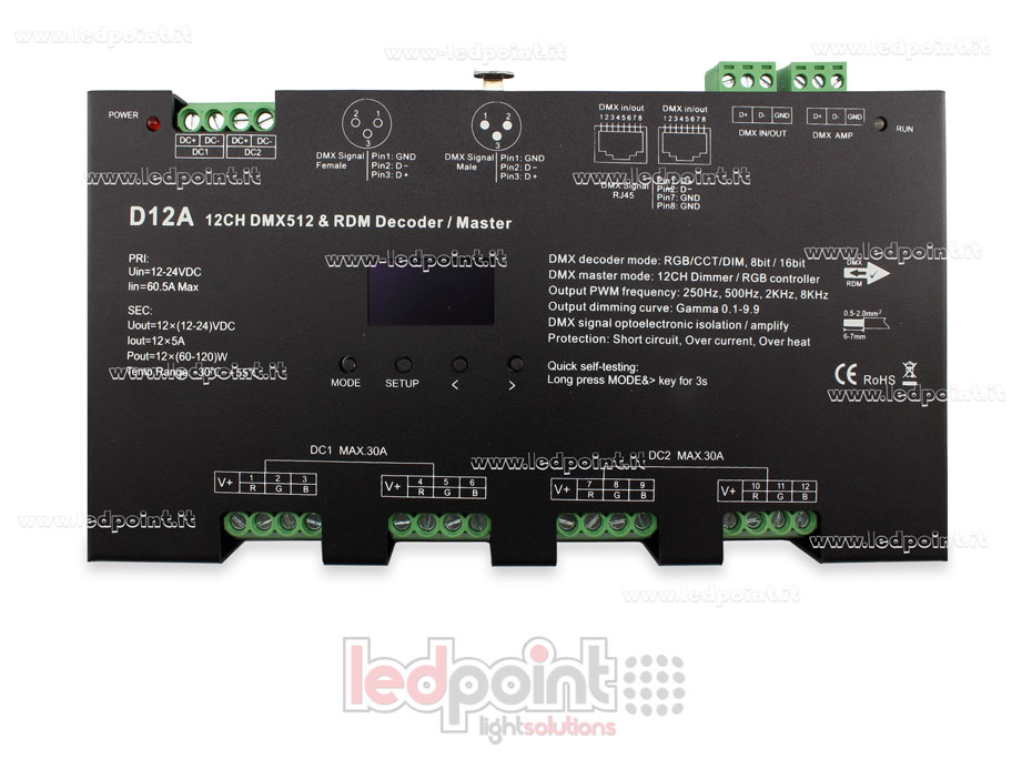 DMX 512 décodeur avec écran oled, 12 canaux 5 A chacun, tension 12-24V DC DMX 512 décodeur avec écran oled, 12 canaux 5 A chacun, tension 12-24V DC