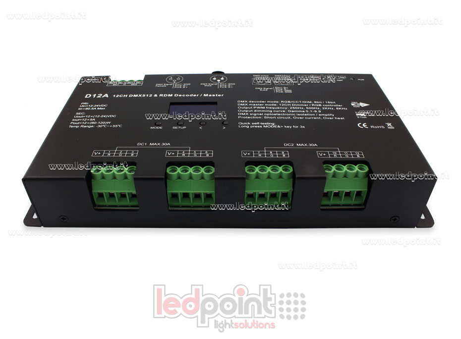 DMX 512 décodeur avec écran oled, 12 canaux 5 A chacun, tension 12-24V DC DMX 512 décodeur avec écran oled, 12 canaux 5 A chacun, tension 12-24V DC