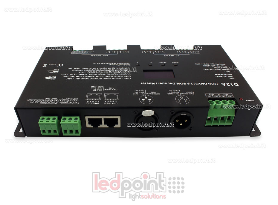 DMX 512 décodeur avec écran oled, 12 canaux 5 A chacun, tension 12-24V DC DMX 512 décodeur avec écran oled, 12 canaux 5 A chacun, tension 12-24V DC