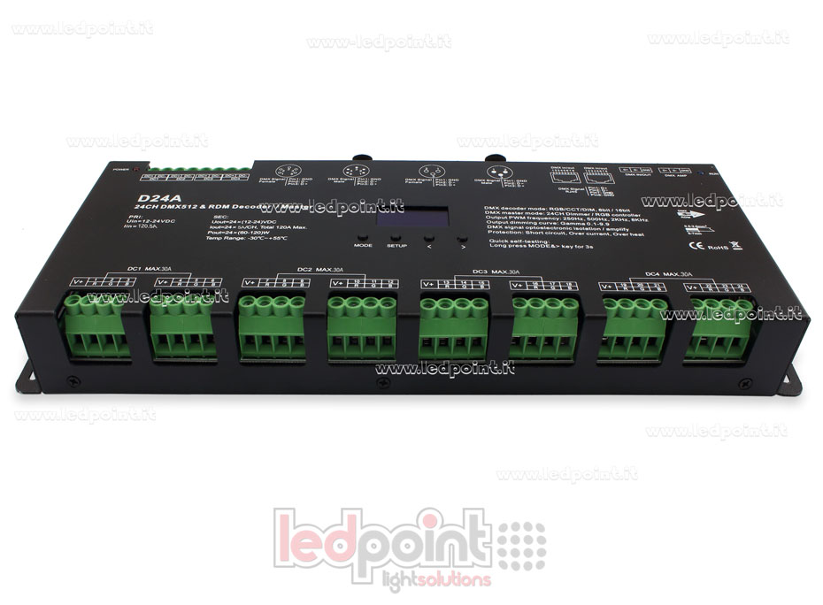DMX 512 décodeur avec écran oled, 24 canaux 5A chacun, tension 12-12V DC DMX 512 décodeur avec écran oled, 24 canaux 5A chacun, tension 12-12V DC