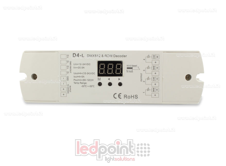 DMX 512 décodeur, 4 canaux 5A chacun, tension 12-24V DC DMX 512 décodeur, 4 canaux 5A chacun, tension 12-24V DC