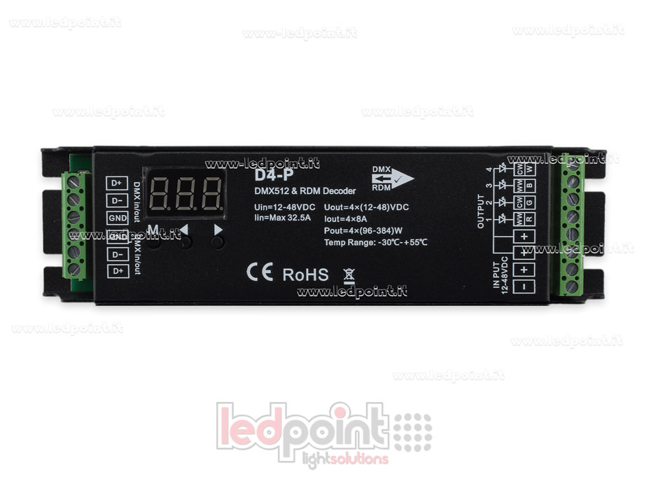 DMX 512 & RDM décodeur, 4 canaux 8A chacun, tension 12-48V DC DMX 512 & RDM décodeur, 4 canaux 8A chacun, tension 12-48V DC