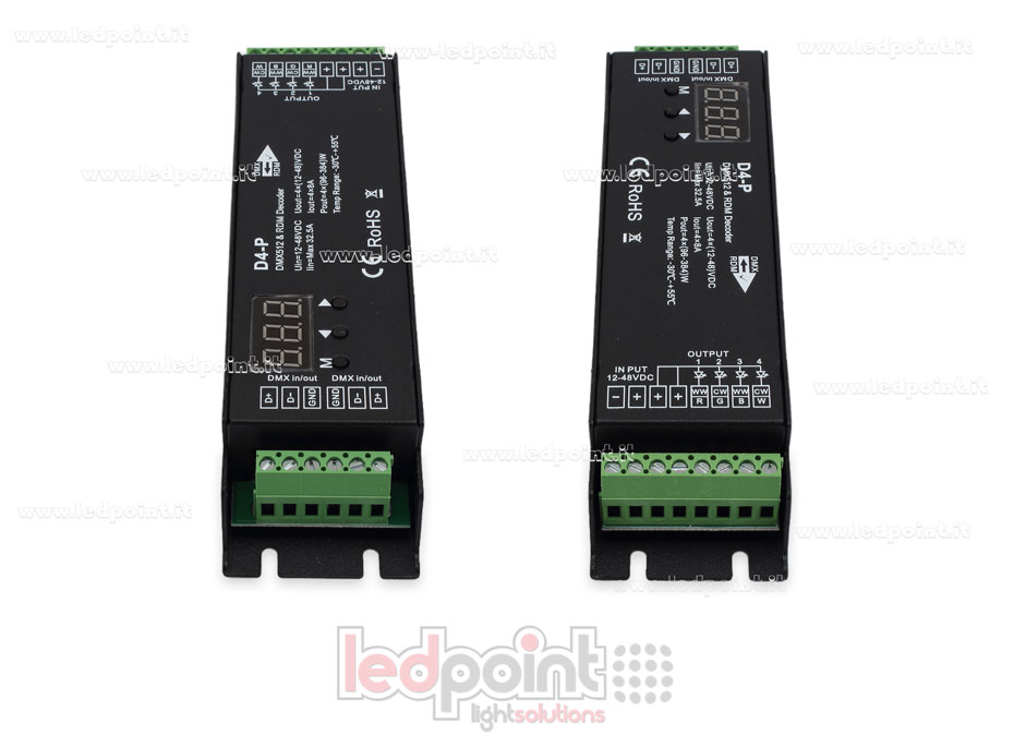 DMX 512 & RDM décodeur, 4 canaux 8A chacun, tension 12-48V DC DMX 512 & RDM décodeur, 4 canaux 8A chacun, tension 12-48V DC