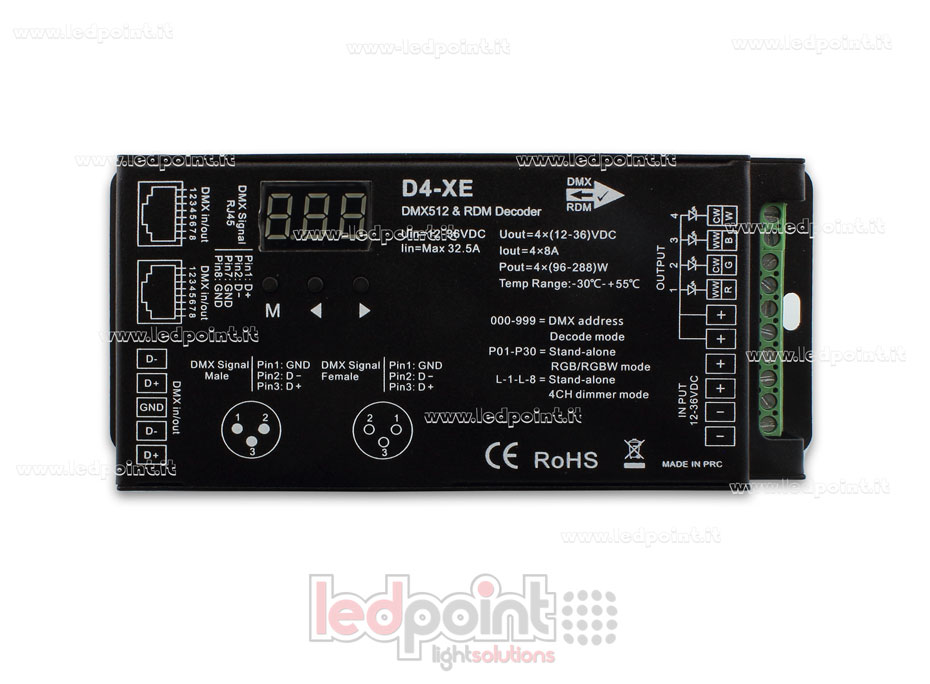 DMX 512 & RDM décodeur, 4 canaux 8A chacun, tension 12-36V DC, XLR3 e RJ45