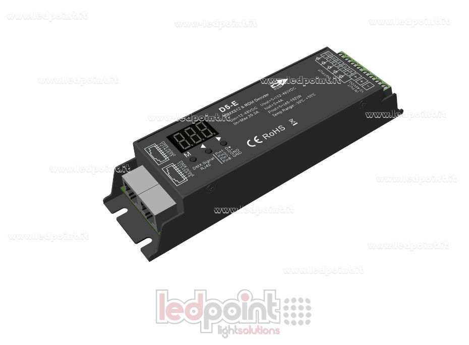 DMX 512 & RDM décodeur, 5 canaux 4A chacun, tension 12-48V DC, RJ45 DMX 512 & RDM décodeur, 5 canaux 4A chacun, tension 12-48V DC, RJ45