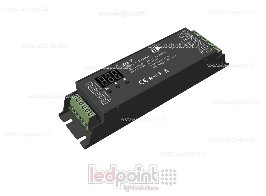DMX 512 & RDM décodeur, 5 canaux 4A chacun, tension 12-48V DC DMX 512 & RDM décodeur, 5 canaux 4A chacun, tension 12-48V DC