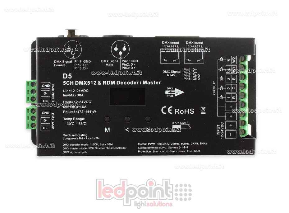DMX 512 & RDM décodeur, 5 canaux 6A chacun, tension 12-24V DC, XLR3 e RJ45 DMX 512 & RDM décodeur, 5 canaux 6A chacun, tension 12-24V DC, XLR3 e RJ45