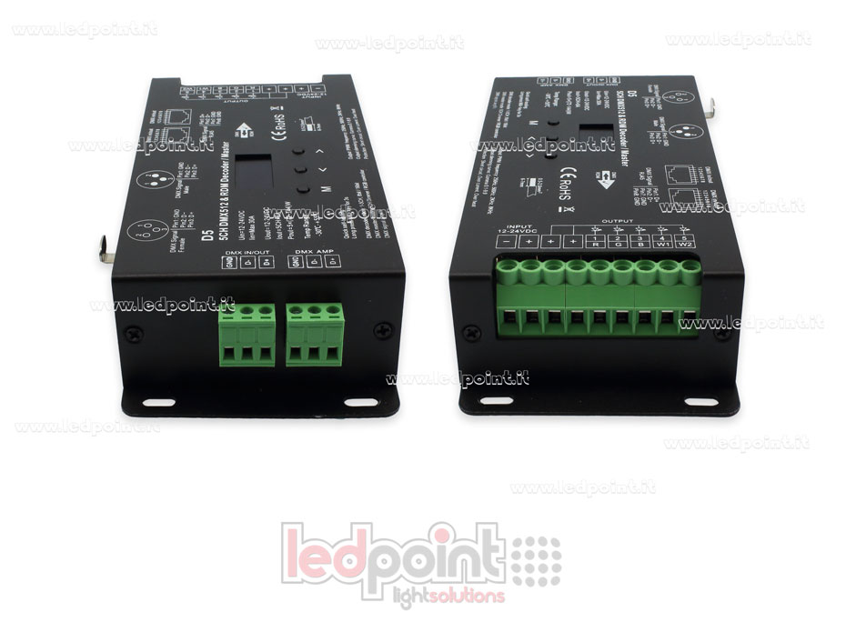 DMX 512 & RDM décodeur, 5 canaux 6A chacun, tension 12-24V DC, XLR3 e RJ45 DMX 512 & RDM décodeur, 5 canaux 6A chacun, tension 12-24V DC, XLR3 e RJ45