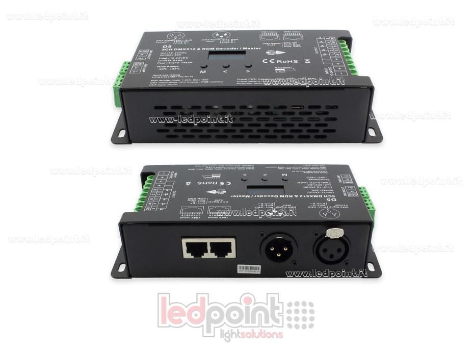 DMX 512 & RDM décodeur, 5 canaux 6A chacun, tension 12-24V DC, XLR3 e RJ45 DMX 512 & RDM décodeur, 5 canaux 6A chacun, tension 12-24V DC, XLR3 e RJ45