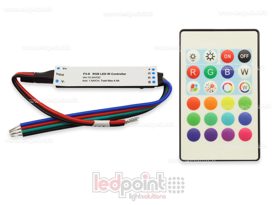 Récepteur variateur mini IR RGB avec télécommande 12/24V, 3ch 1,5A/CH Récepteur variateur mini IR RGB avec télécommande 12/24V, 3ch 1,5A/CH