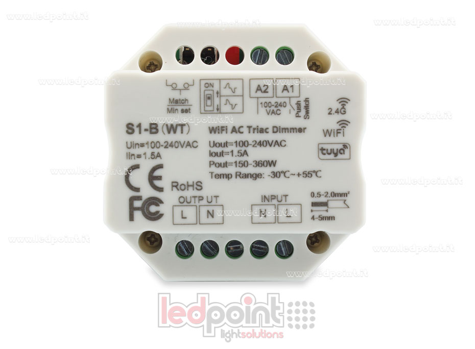 Contrôleur monocouleur triac 100/230V, push dim AC, WiFi, RF 2.4G, pour boîte de jonction murale Contrôleur monocouleur triac 100/230V, push dim AC, WiFi, RF 2.4G, pour boîte de jonction murale