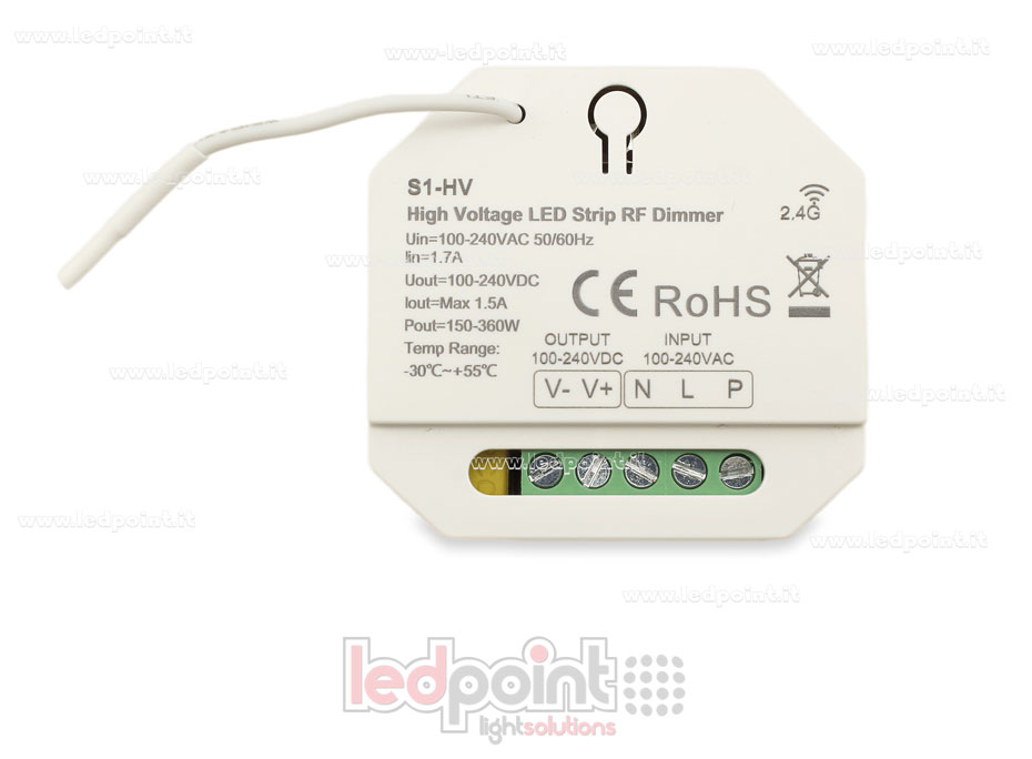 Contrôleur monochrome 100/230V, push dim AC, RF 2.4G pour rail DIN Contrôleur monochrome 100/230V, push dim AC, RF 2.4G pour rail DIN