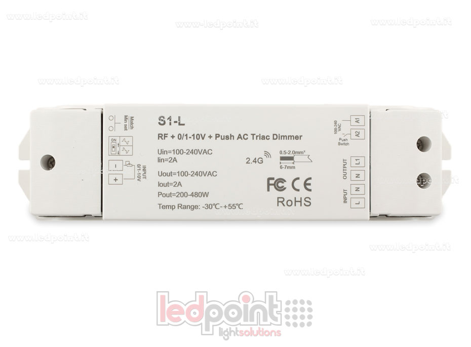 Contrôleur monocouleur avec bouton triac 100/230V, RF 2.4G, 0/1-10V, Push AC Contrôleur monocouleur avec bouton triac 100/230V, RF 2.4G, 0/1-10V, Push AC