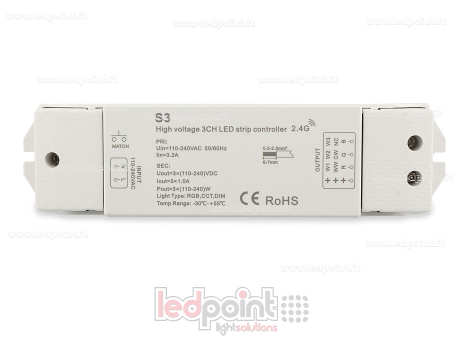 Contrôleur de ruban 110-240 VDC, CCT / RGB, 3 canaux de 1A chacun, RF 2.4G Contrôleur de ruban 110-240 VDC, CCT / RGB, 3 canaux de 1A chacun, RF 2.4G