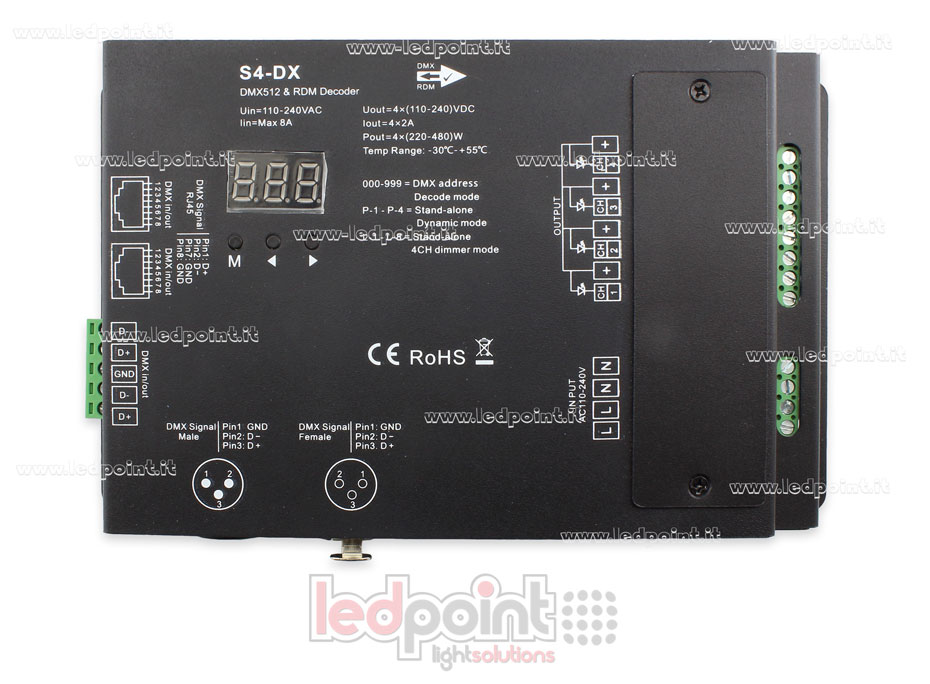 DMX 512 décodeur, 4 canaux 2A chacun, tension 110-240VAC DMX 512 décodeur, 4 canaux 2A chacun, tension 110-240VAC