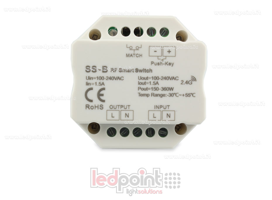 Contrôleur monochromatique 100-240VAC, on/off, non dimmable, 1.5A, push switch, RF 2.4G, pour boîte murale Contrôleur monochromatique 100-240VAC, on/off, non dimmable, 1.5A, push switch, RF 2.4G, pour boîte murale