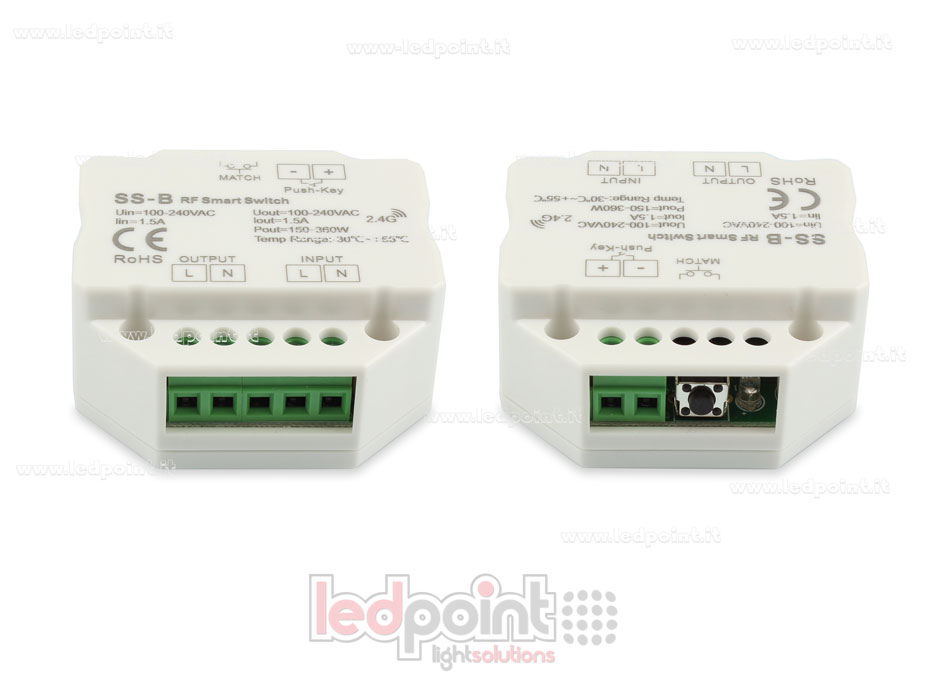 Contrôleur monochromatique 100-240VAC, on/off, non dimmable, 1.5A, push switch, RF 2.4G, pour boîte murale Contrôleur monochromatique 100-240VAC, on/off, non dimmable, 1.5A, push switch, RF 2.4G, pour boîte murale