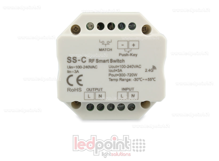 Contrôleur monochromatique 100-240VAC, on/off, non dimmable, 3A, push dim, RF 2.4G, pour boîte murale Contrôleur monochromatique 100-240VAC, on/off, non dimmable, 3A, push dim, RF 2.4G, pour boîte murale