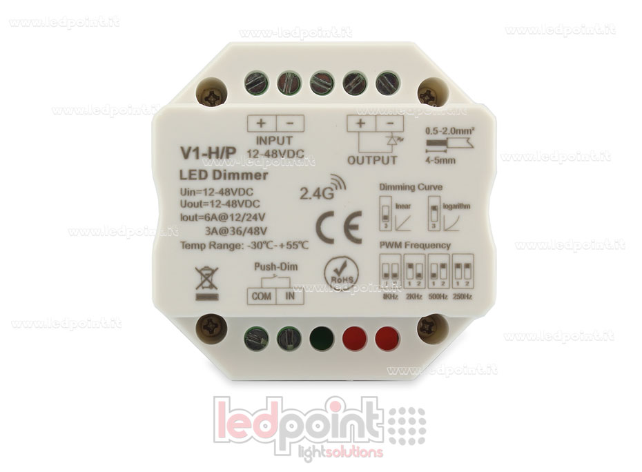 Récepteur variateur pour de boîte de jonction murale, monochrome avec bouton poussoir 1CH * 4A / 8A 12-48VDC, RF 2.4G avec courbe logarithmique ou linéaire et fréquence PWM sélectionnable Récepteur variateur pour de boîte de jonction murale, monochrome avec bouton poussoir 1CH * 4A / 8A 12-48VDC, RF 2.4G avec courbe logarithmique ou linéaire et fréquence PWM sélectionnable
