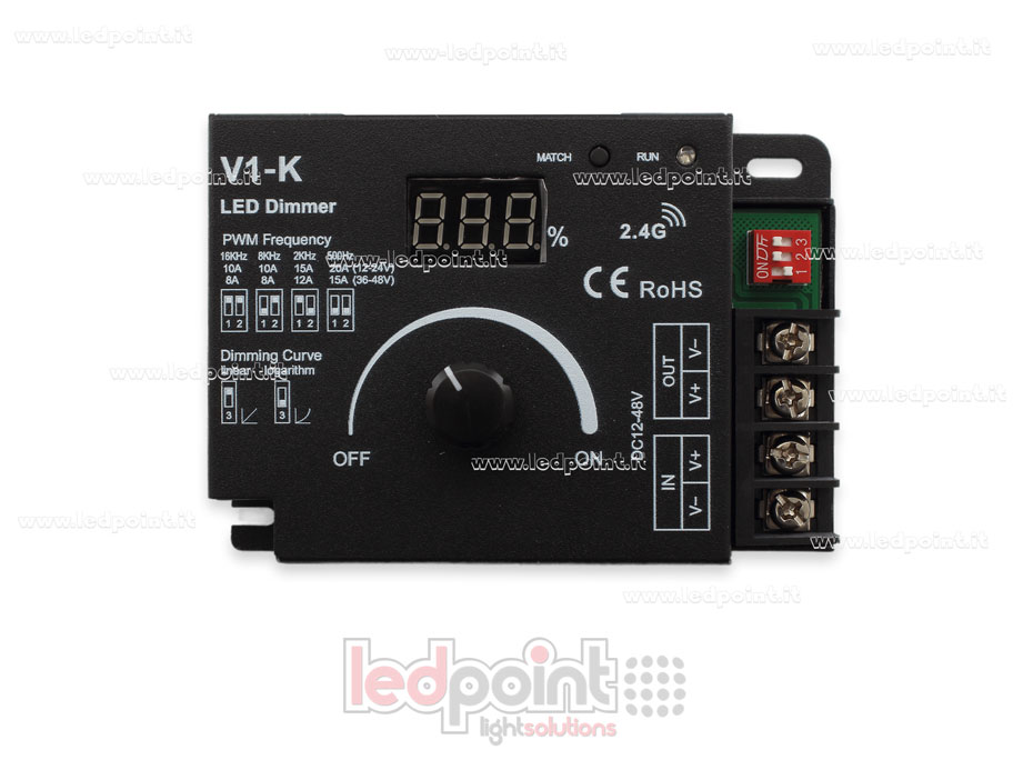 Variateur monochrome 12/48V avec roue, 1CH*20A, avec courbe logarighmique ou linéaire et fréquence PWM sélectionnable. 