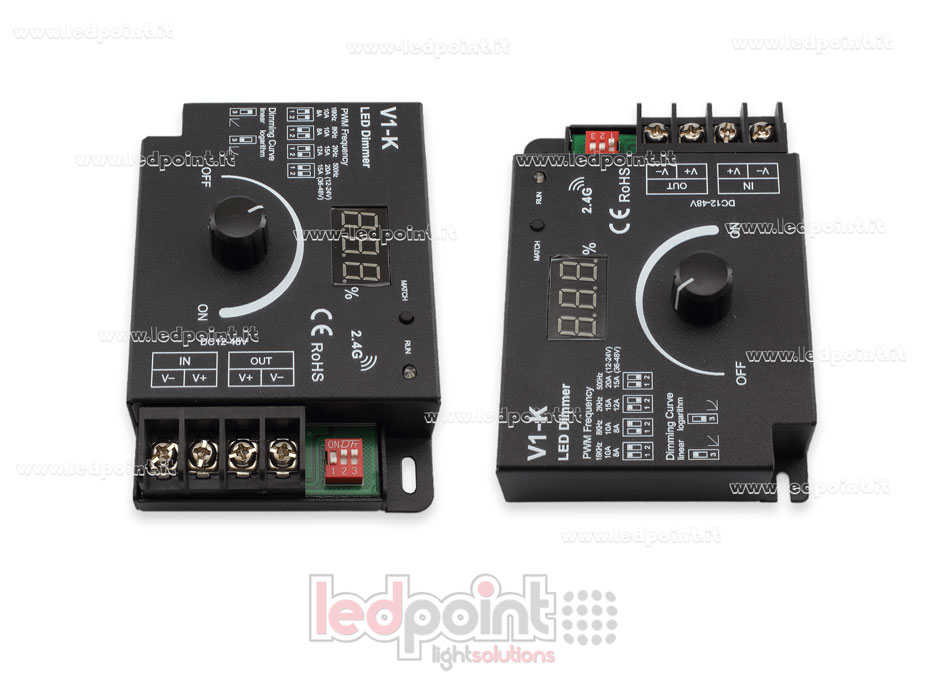 Variateur monochrome 12/48V avec roue, 1CH*20A, avec courbe logarighmique ou linéaire et fréquence PWM sélectionnable. 