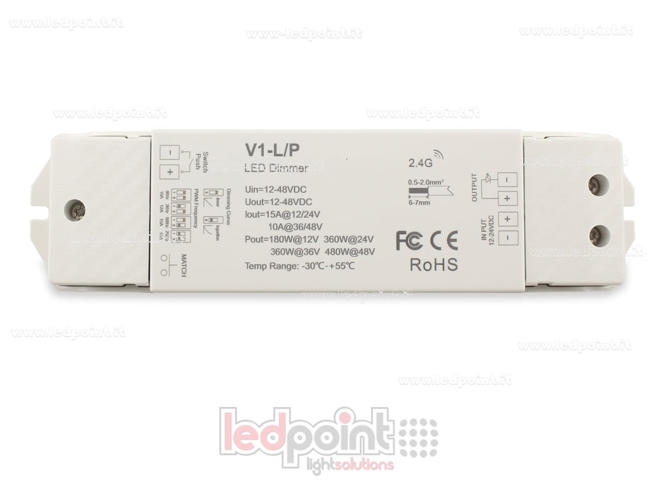 Récepteur variateur monocouleur avec bouton, fréquence PWM sélectionable, 12/24V, 1ch*15A ou 36/48V, 1ch*10A, RF 2.4G Récepteur variateur monocouleur avec bouton, fréquence PWM sélectionable, 12/24V, 1ch*15A ou 36/48V, 1ch*10A, RF 2.4G