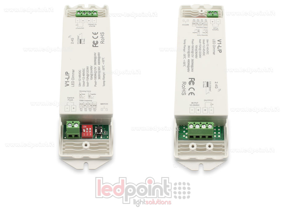 Récepteur variateur monocouleur avec bouton, fréquence PWM sélectionable, 12/24V, 1ch*15A ou 36/48V, 1ch*10A, RF 2.4G Récepteur variateur monocouleur avec bouton, fréquence PWM sélectionable, 12/24V, 1ch*15A ou 36/48V, 1ch*10A, RF 2.4G