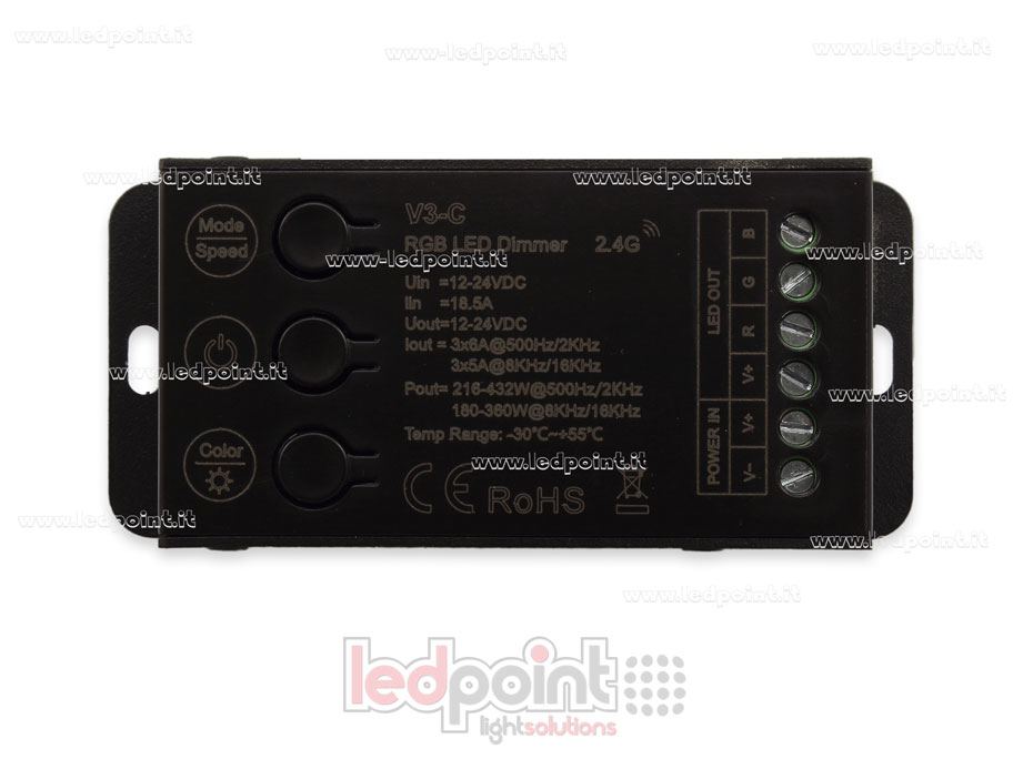 Contrôleur récepteur RGB 12-24V, 3 canaux*6A avec 3 boutons et PWM sélectionnable, RF 2.4G Contrôleur récepteur RGB 12-24V, 3 canaux*6A avec 3 boutons et PWM sélectionnable, RF 2.4G