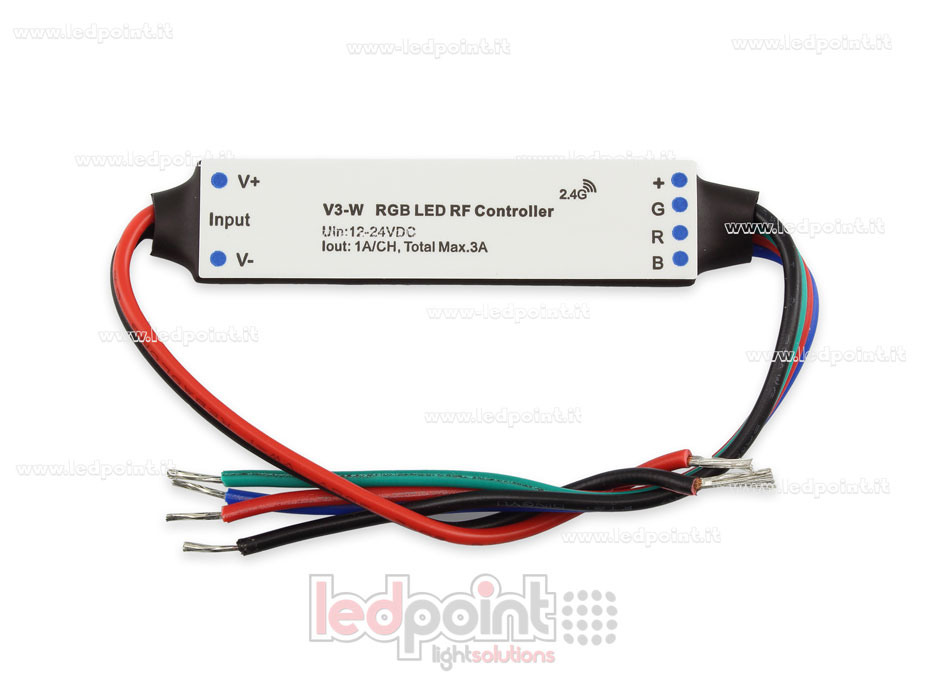 Mini récepteur variateur, pour installation profilée, RGB, 12 / 24V, 3ch 1A / CH, RF 2.4G Mini récepteur variateur, pour installation profilée, RGB, 12 / 24V, 3ch 1A / CH, RF 2.4G