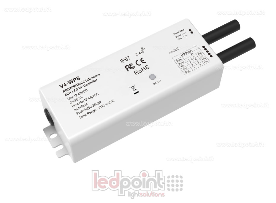 Récepteur contrôleur RGBW IP67 $12/48\text{V}$, $4\text{ch} \times 5\text{A}$, RF $2,4\text{G}$ Récepteur contrôleur RGBW IP67 $12/48\text{V}$, $4\text{ch} \times 5\text{A}$, RF $2,4\text{G}$