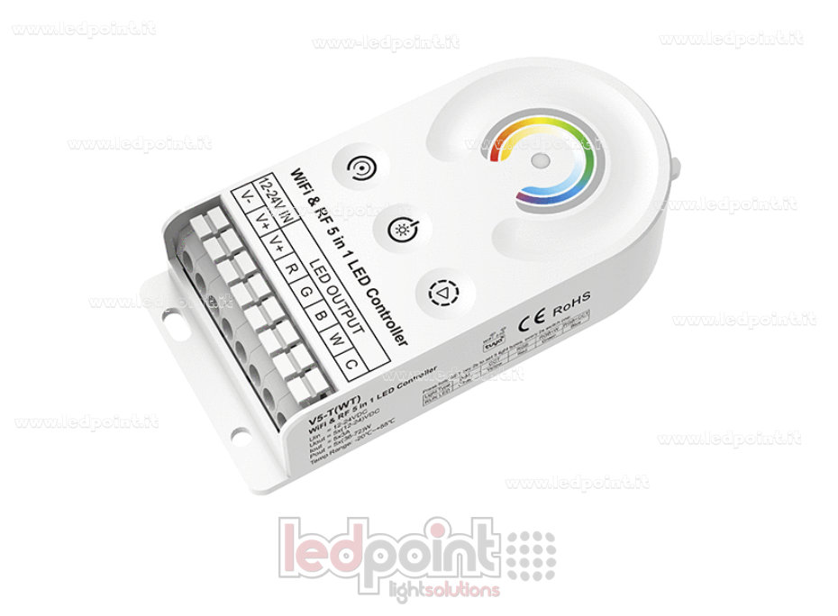 Contrôleur RF/Wi-Fi, 12-24 V CC, 5 canaux × 3 A, 5 × (36-72) W, boutons tactiles + RF 2,4 GHz + Wi-Fi