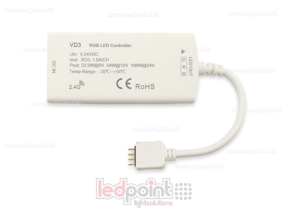 Récepteur variateur RGB avec 3 boutons 5/24V, 1ch*5A, RF 2.4G Récepteur variateur RGB avec 3 boutons 5/24V, 1ch*5A, RF 2.4G
