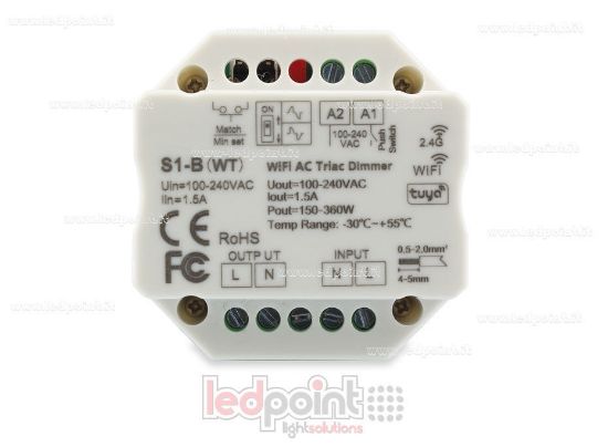 Image de Contrôleur monocouleur triac 100/230V, push dim AC, WiFi, RF 2.4G, pour boîte de jonction murale