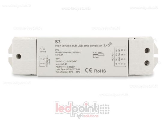Image de Contrôleur de ruban 110-240 VDC, CCT / RGB, 3 canaux de 1A chacun, RF 2.4G