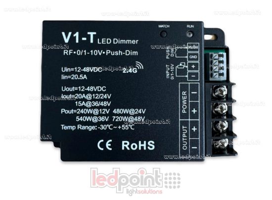 Image de Récepteur variateur monocouleur avec bouton, 0/1-10V, 12/24V, 1ch*20A, RF 2.4G