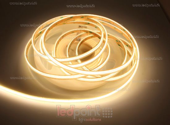 Image de Ruban led COB blanc chaud 5m 3000K CRI Ra>90 400leds/m 12V 10W/m PCB 5mm, IP65 tube en silicone extrudé, bords pleins et vide à l'interieur