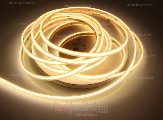 Image de Ruban led COB blanc chaud 5m 3000K CRI Ra>93 400led/m 24V PCB 5mm 11W/m IP64, IP65 tube en silicone extrudé, bords pleins et vide à l'interieur