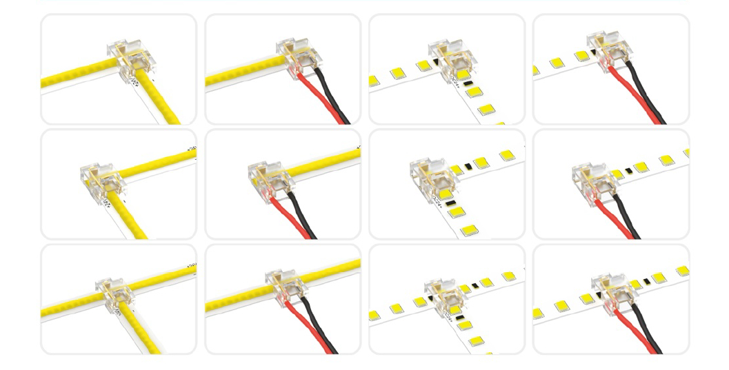 Connecteur transparent pour câbles et jonction de rubans LED et COB avec PCB de 8mm, 12 utilisations en 1, avec 2 broches CC082O-AST-STW-LT Connecteur transparent pour câbles et jonction de rubans LED et COB avec PCB de 8mm, 12 utilisations en 1, avec 2 broches CC082O-AST-STW-LT